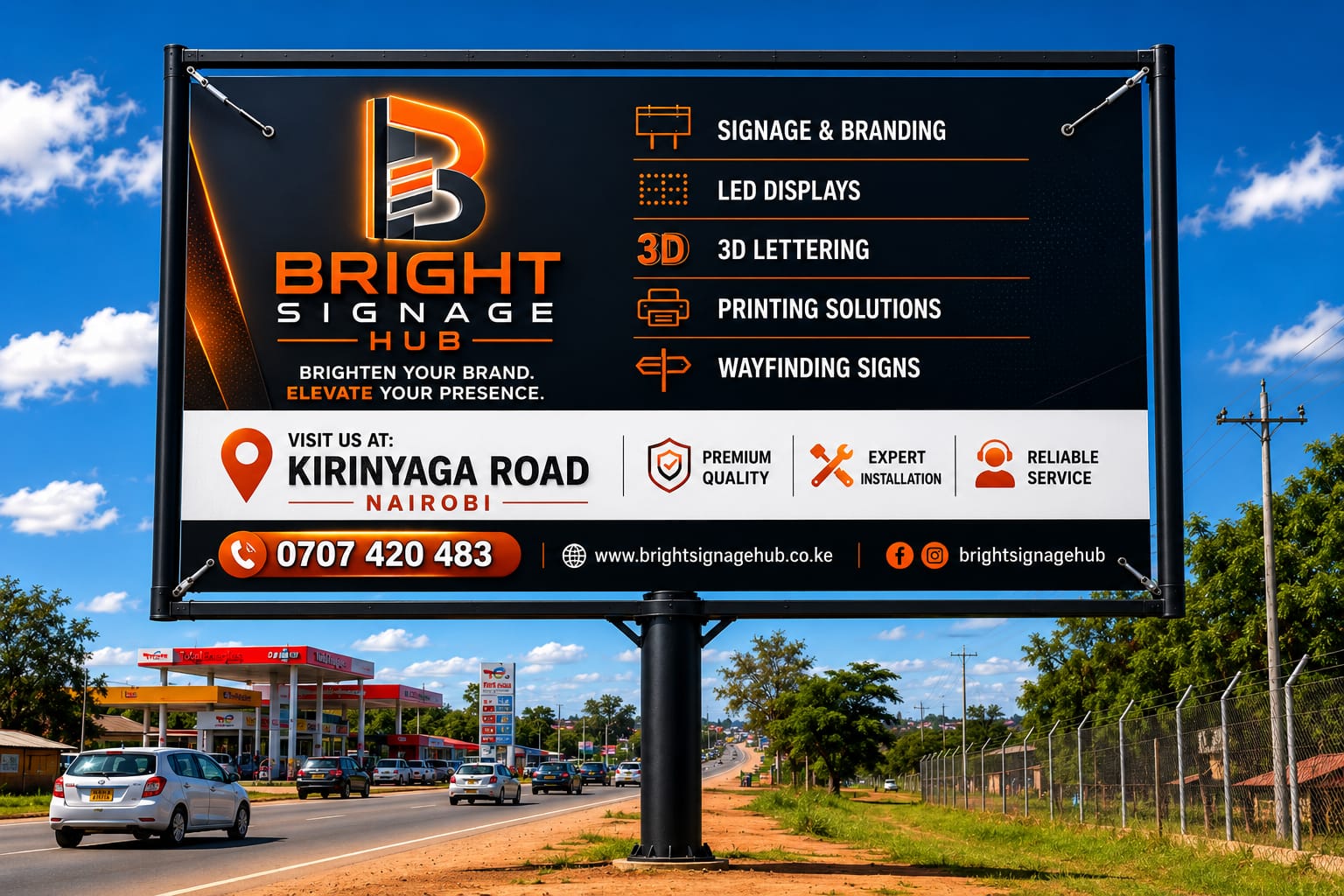 Outdoor advertising signs in Kenya for business branding, roadside visibility and brand promotion by Bright Signage Hub.