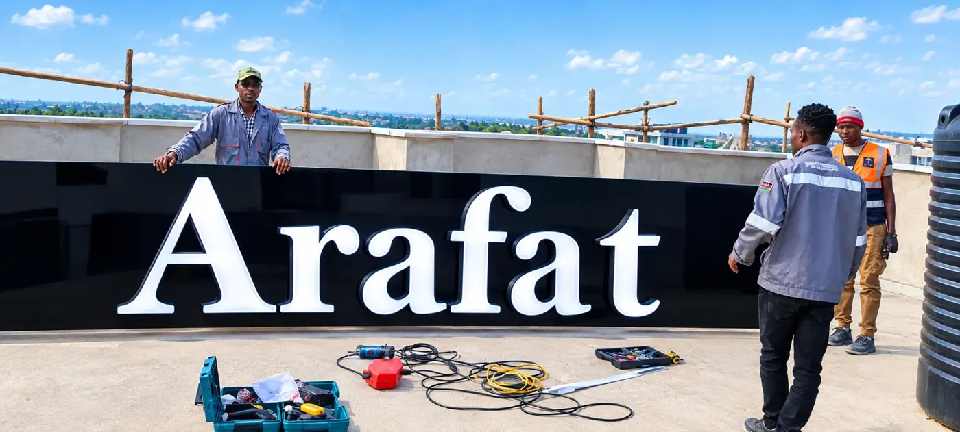 Arafat rooftop 3D letter sign installed by Bright Signage Hub Kenya