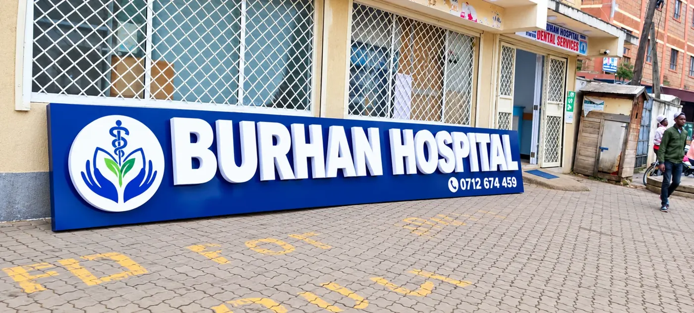 Burhan Hospital 3D signboard on building facade, Nairobi