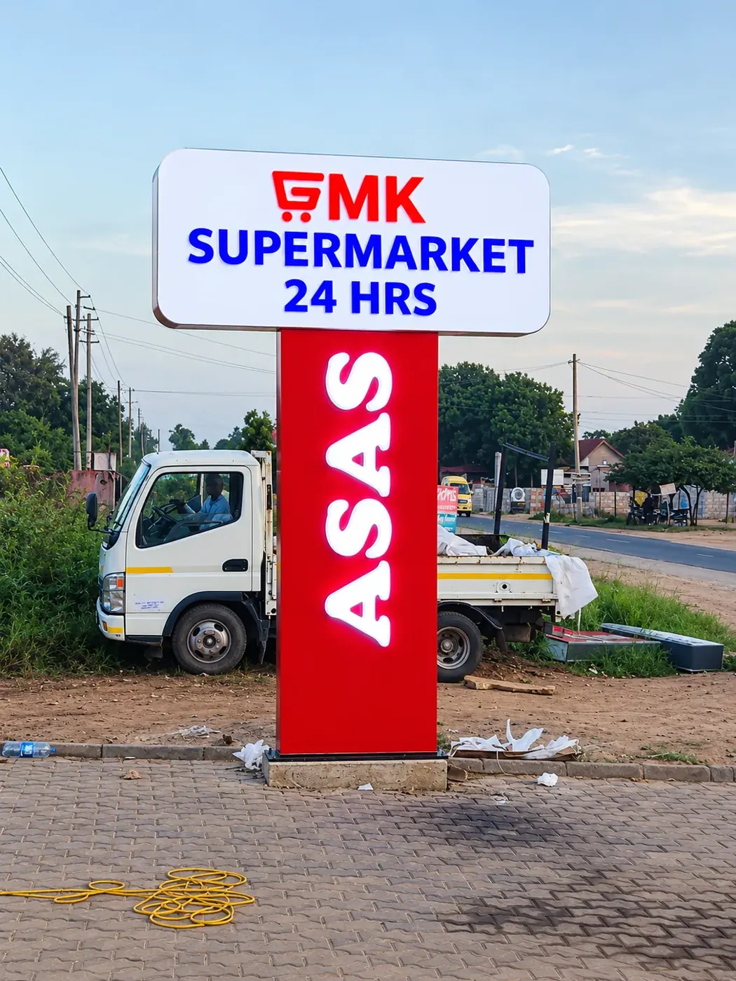 GMK Supermarket illuminated pylon sign, Nairobi, Kenya