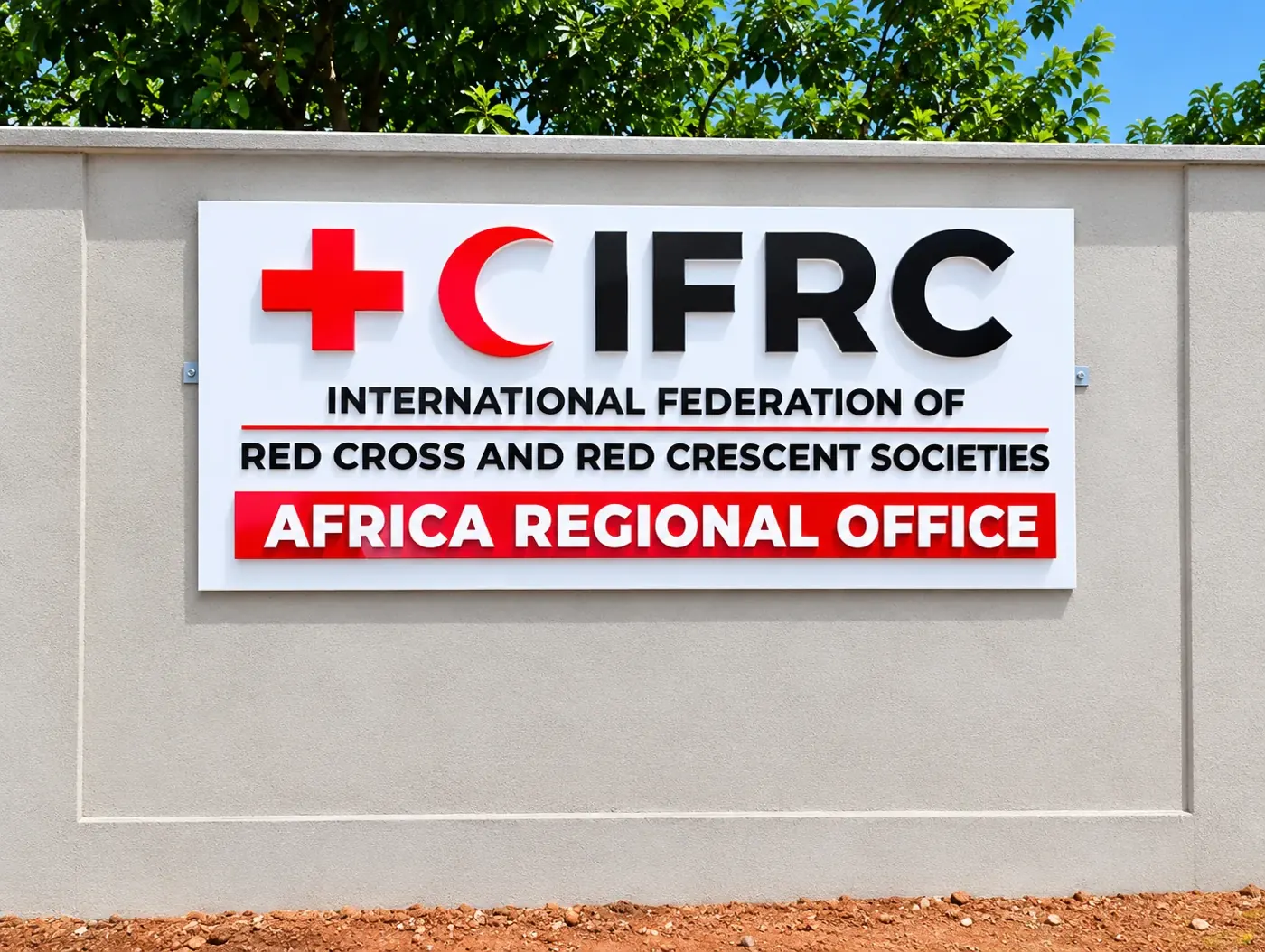 IFRC Africa regional office entrance wall signage, Nairobi