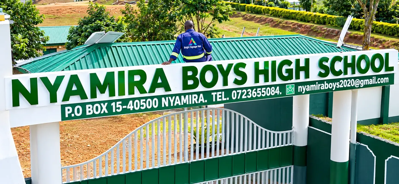 Nyamira Boys High School gate signage with 3D letters, school branding Kenya