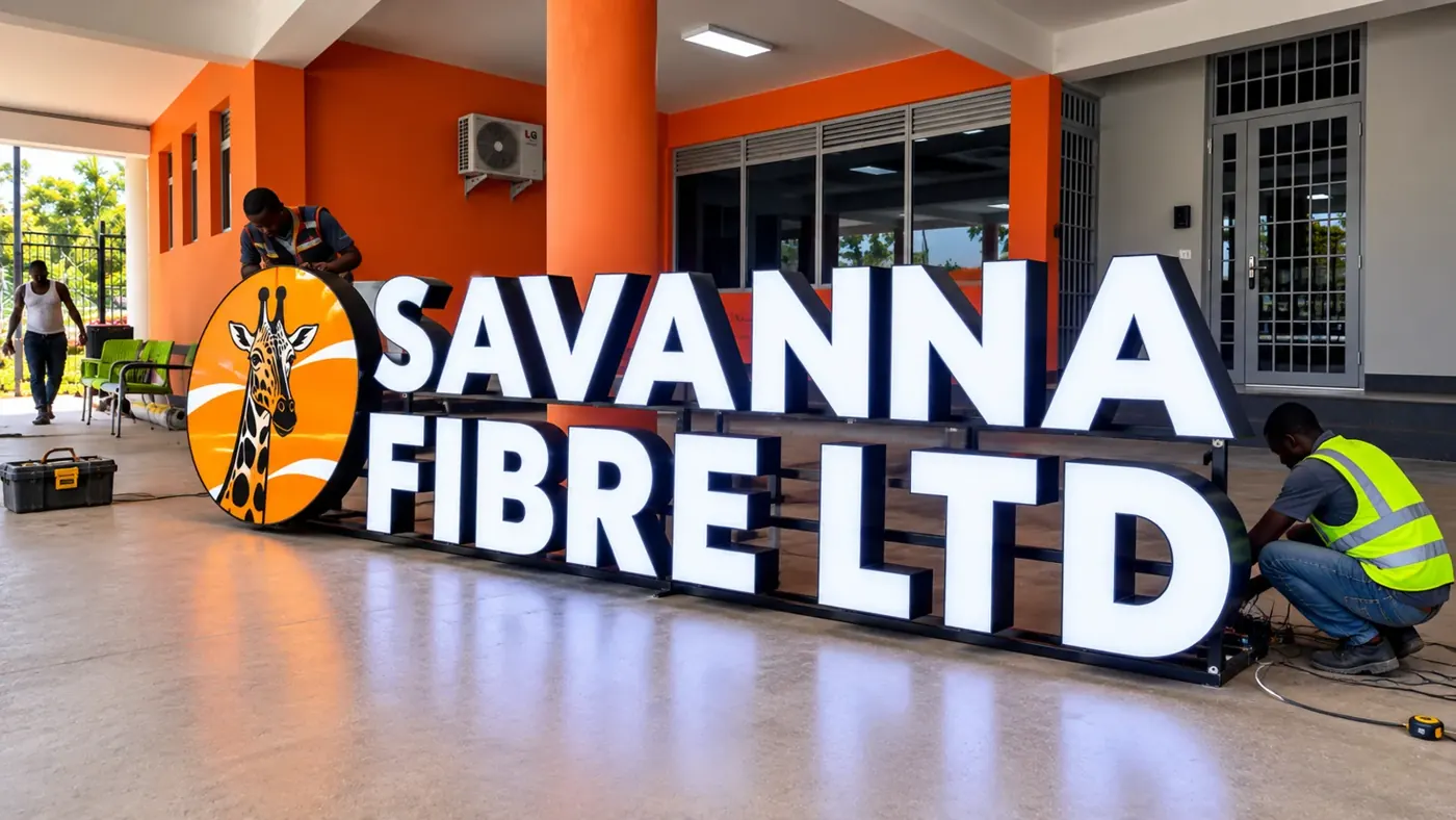 Illuminated 3D letters signage on building facade, Nairobi