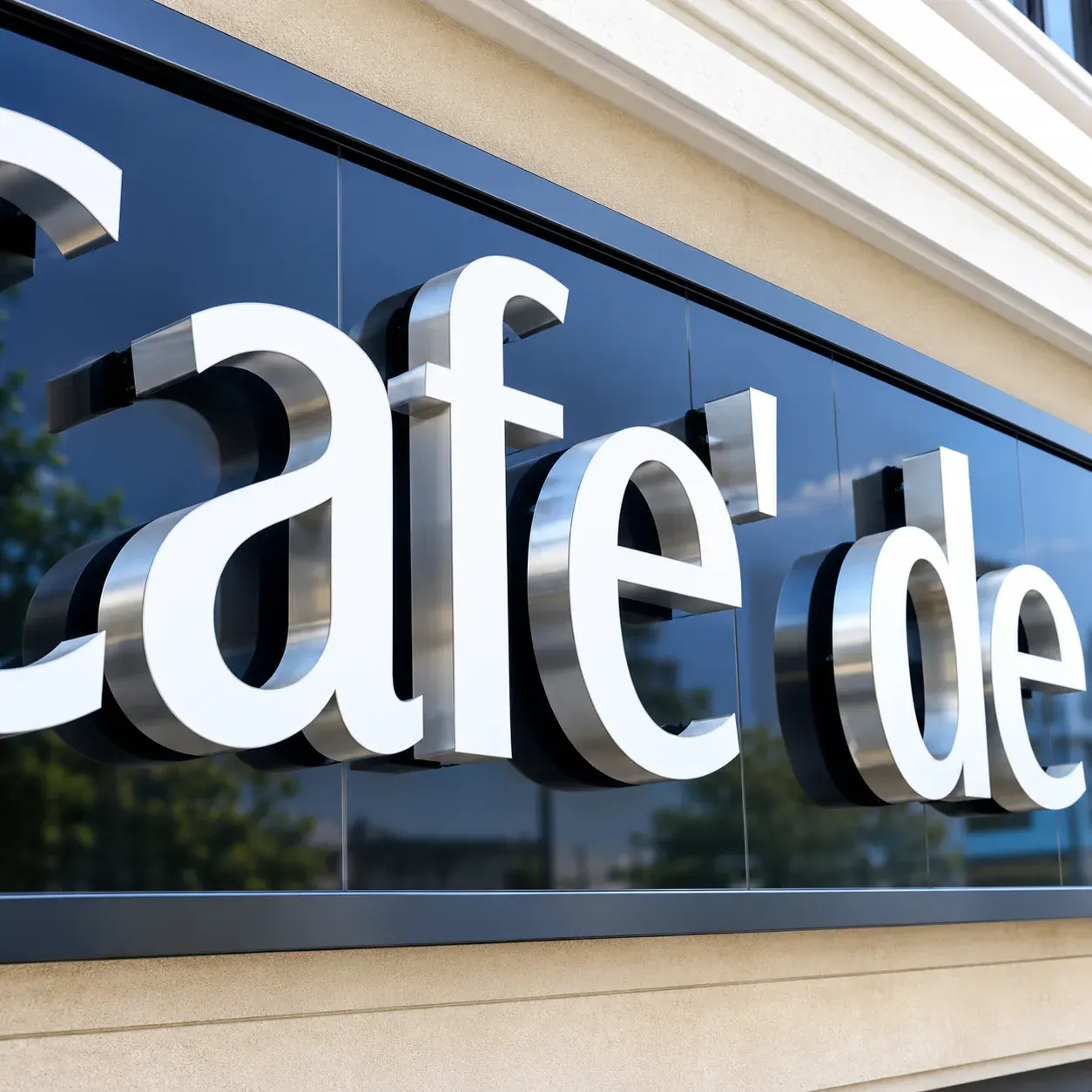 Stainless steel 3D letter sign on a cafe facade